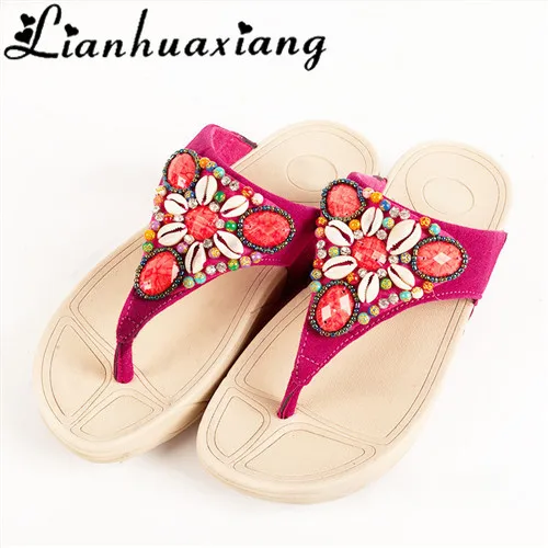 

2018 New Shell Slippers Summer Slippers Beach Flip Flops Thongs String Bead Platform Sandals Flat Suede Shoes Women Flat 8H0175