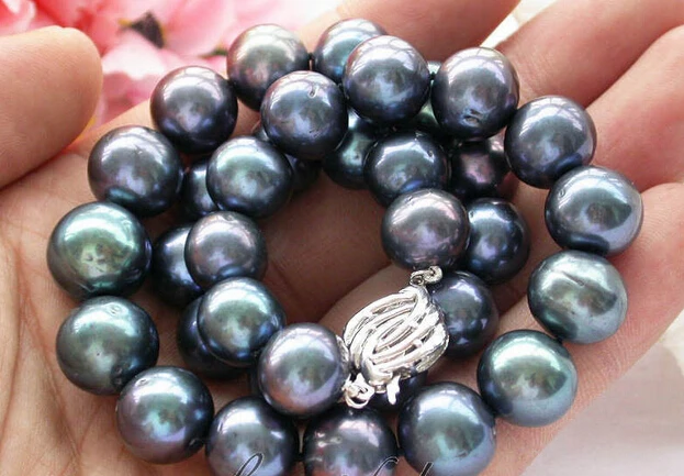 

Jewelr 005021 REAL 17" 11-14mm ROUND peacock black PEARL NECKLACE