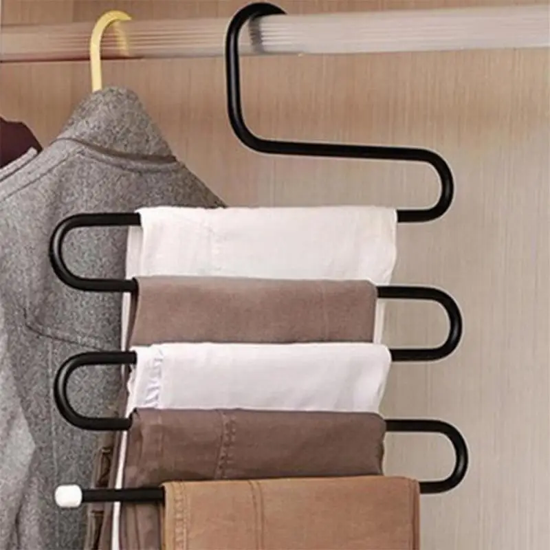 

Anti-slip S-Type Magic Stainless Steel Pants Hanger Multifunction Trousers Closet Belt Holder Rack 5 Layers for Saving Space