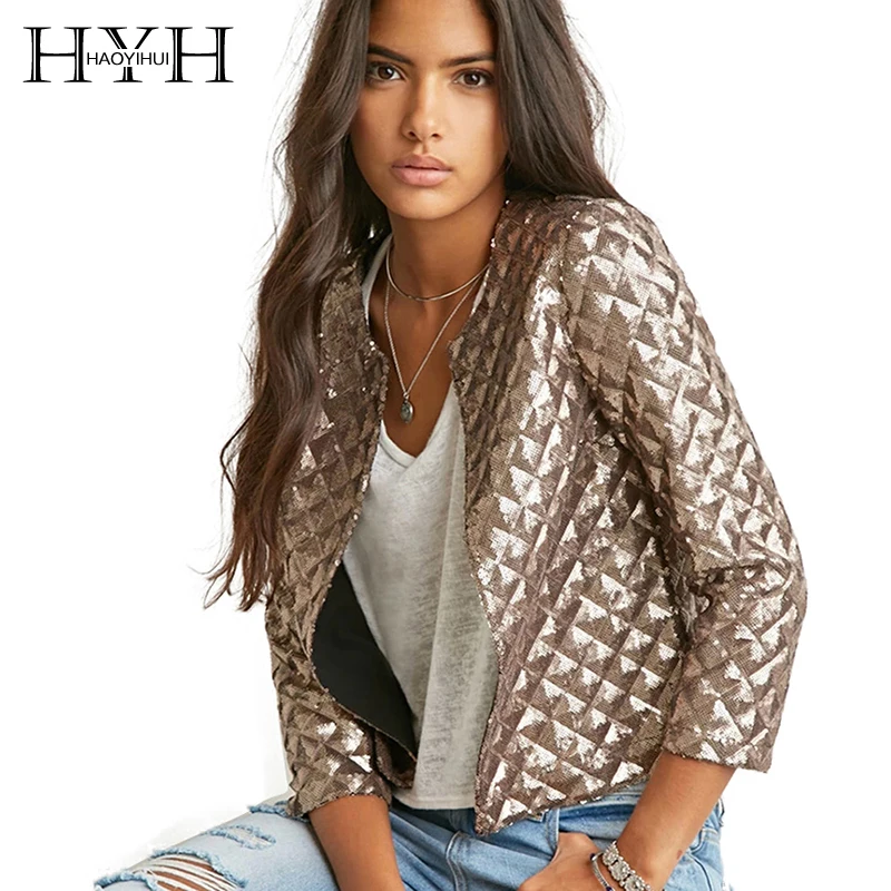 HYH HAOYIHUI 2017 Solid Gold Women Chic Jacket Vogue Lozenge Three Quater sleeve Sequins Outwear Streetwear Casual Basic Coat|basic coats|chic