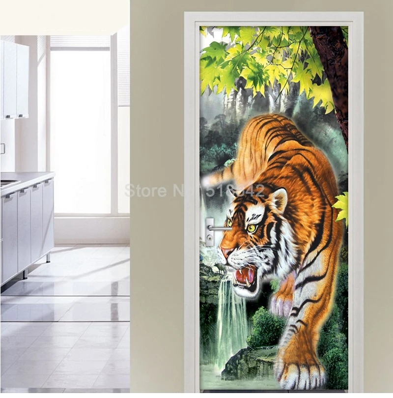 3D фотообои с изображением тигра, наклейка на дверь, домашний декор, ПВХ, водостойкая, самоклеящаяся, для спальни, украшение, наклейка на дверь, настенная роспись