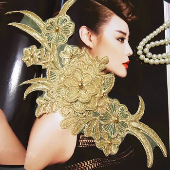 

Gorgeous Emboridered Gold Lace Patches Applique, Pearl Beaded Lace Trim Motifs