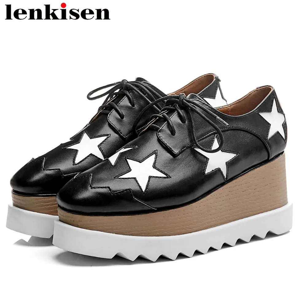 

Lenkisen European style natural leather high bottom waterproof Punk concise style plus size lace up mixed colors women pumps L27