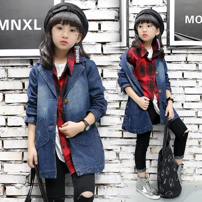 

2019 Spring Autumn Kids Girls Denim Trench Coat Children Solid Causal Jean Jackets Teens Girls Cotton Button Long Outerwear Q314