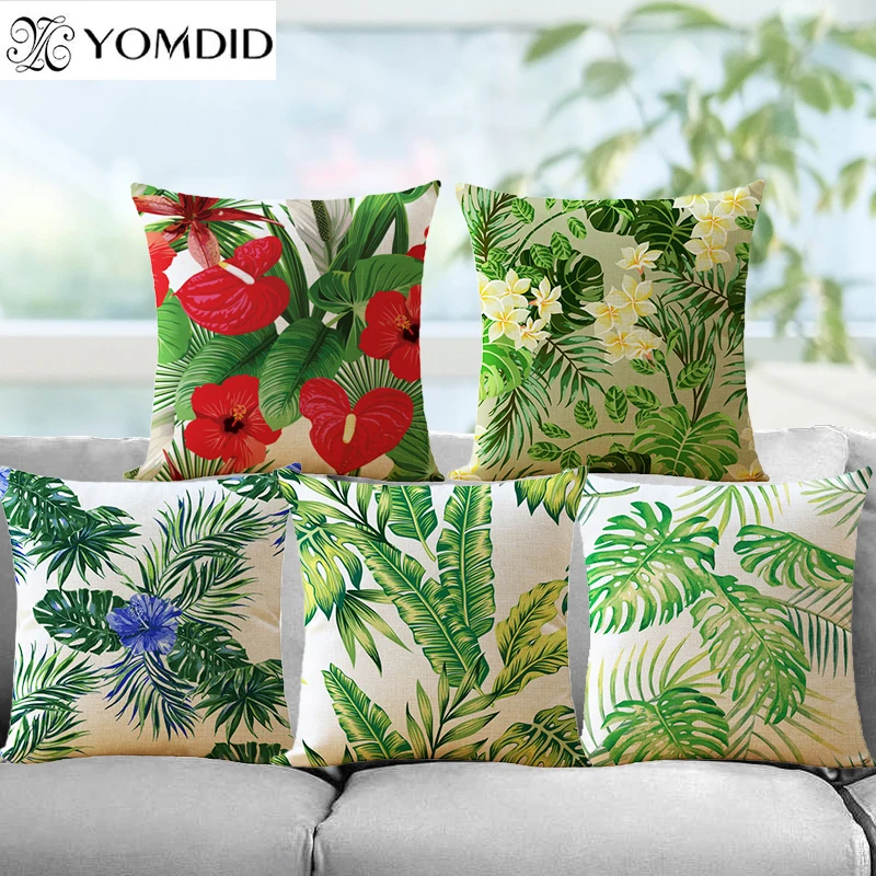 Floral Tropical Cotton Linen Cushion Cover Plant leaves Pillow Case Home Decor