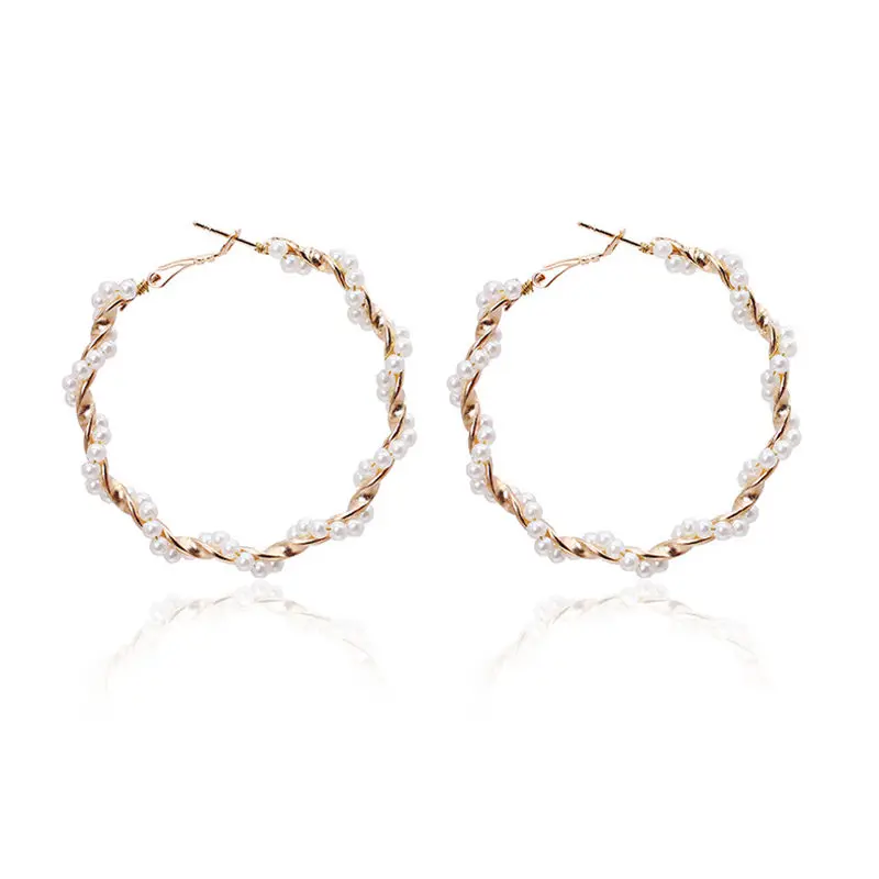 E441 New Fashion Classic Metal Round Women Hoop Earrings Korean Personality Simple Circle Pearl Earrings For Female Jewerly