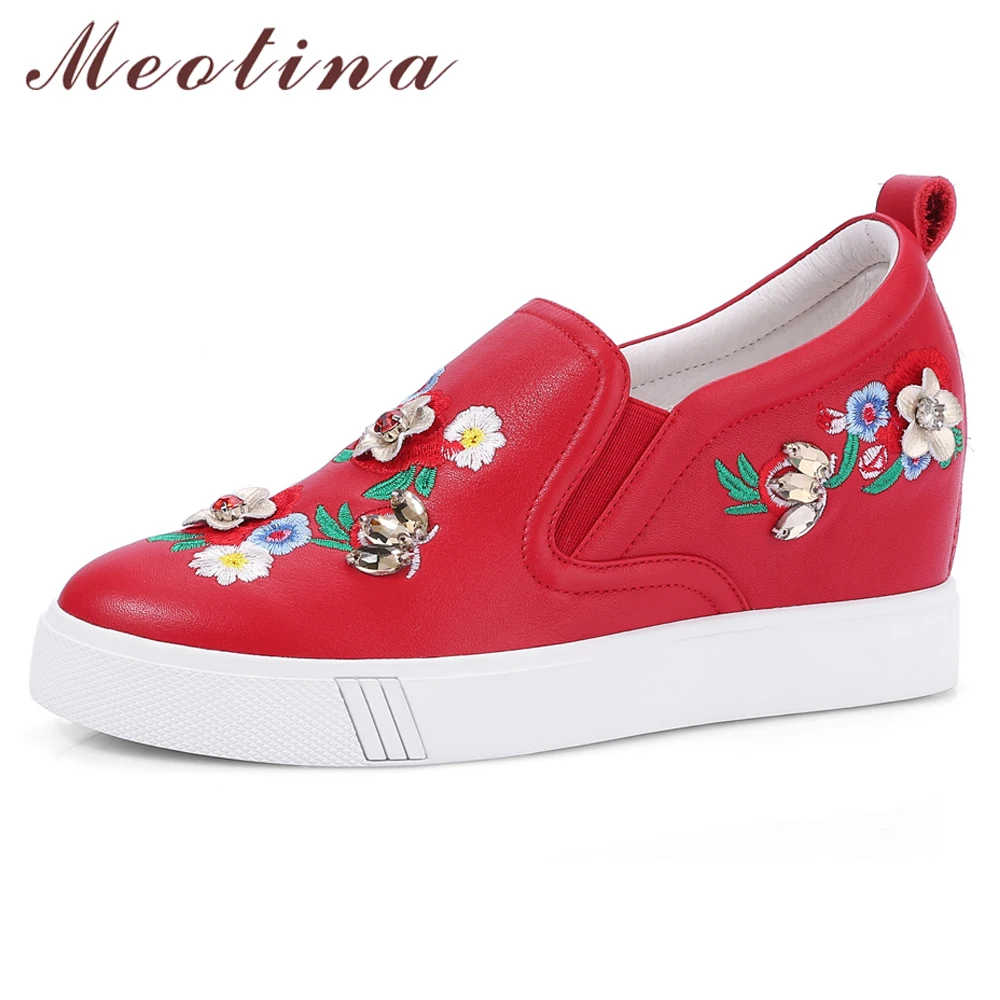 

Meotina High Heels Women Pumps Natural Genuine Leather Platform Wedge Heel Shoes Flower Real Leather Shoes Lady Red Size 33-40 9