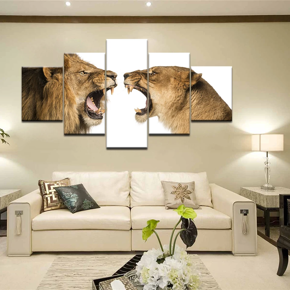 

Canvas Pictures Modular Wall Art Framework 5 Pieces Animal Two Lion Roar Painting Living Room HD Prints Poster Home Decor