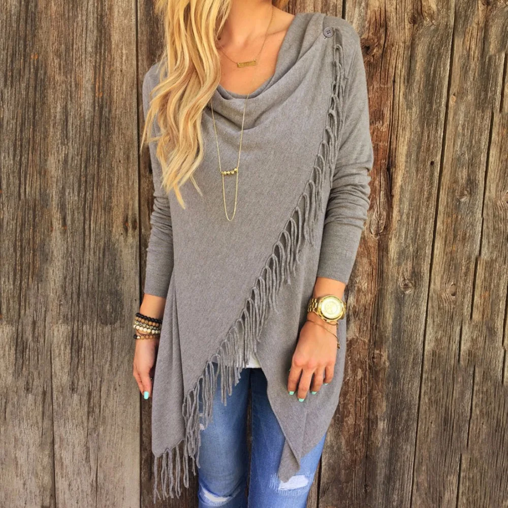 

2019 Spring Autumn Cardigans Tops Women Casual Loose Long Sleeve Irregular Hem Tassel Cardigan Cape Poncho Black Gray Plus Size