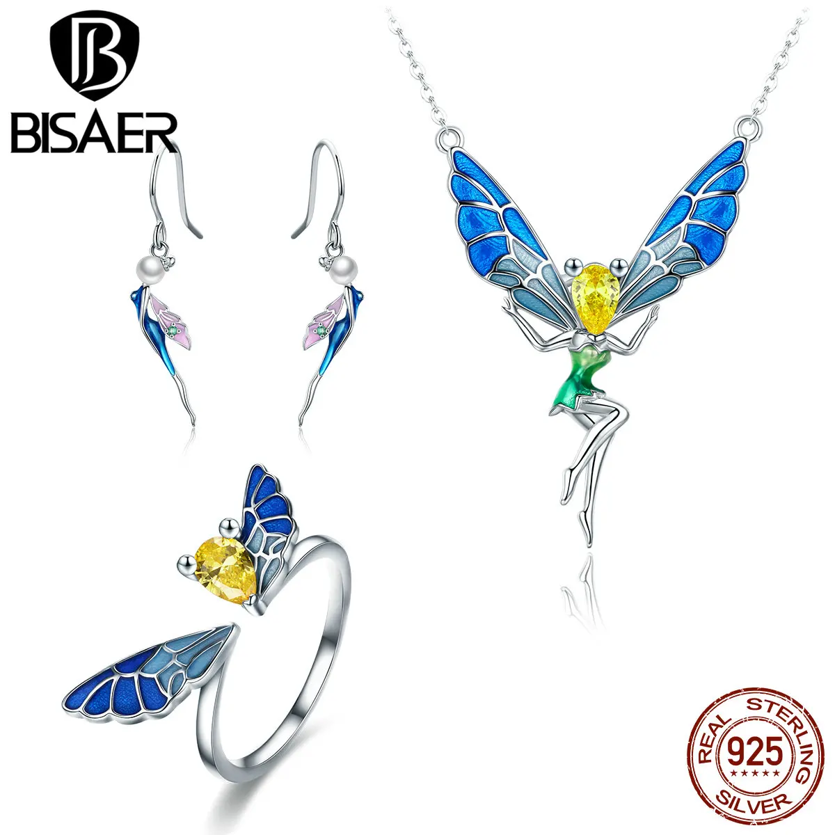 

BISAER Authentic 925 Sterling Silver Waterdrop CZ Blue Enamel Butterfly Fairy Tale Jewelry Set For Women Silver Jewelry GUS061