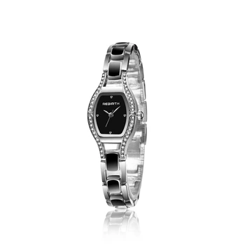 

Rebirth Black Silver Watch Women Quartz Calendar Rhinestone Dress Bracelet Women's Watch Ladies Luminous Relogio Feminino