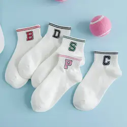 Новое поступление 2017 хлопковые носки для женщин летние полосатые с буквенным принтом короткие носки милые старые школьные ретро носки для
