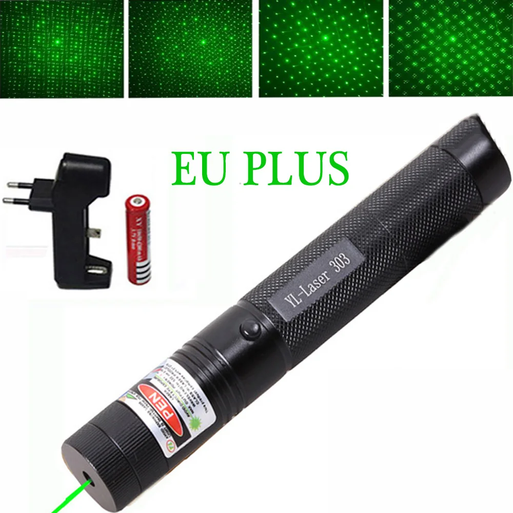 303 Green Laser Pointer Red Laser Blue Pointer Sight Powerful Device Adjustable Focus Lazer 303, Choose Charger& 18650 Battery - Color: Green laser EU