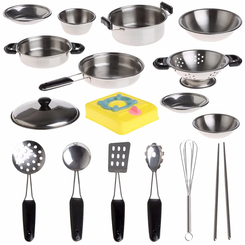 20Pcs Stainless Steel Pots Pans Cookware Miniature Toy Pretend Play