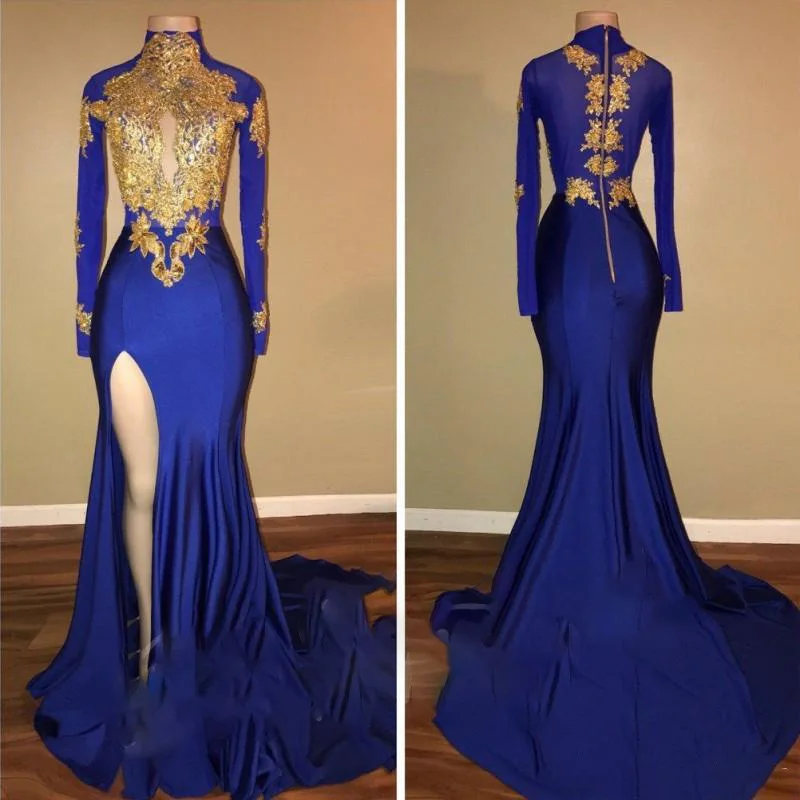 

2019 Sexy High Neck Blue Prom Dresses Mermaid Slit Long Sleeves Party Dress Evening Wear Lace Applique Sequined Graduation Gowns