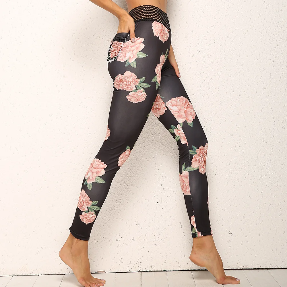 Women Push Up Fitness Legging Spandex High Waist Workout Legging Pants Female Floral Printed Elastic Pockets Leggings Plus Size