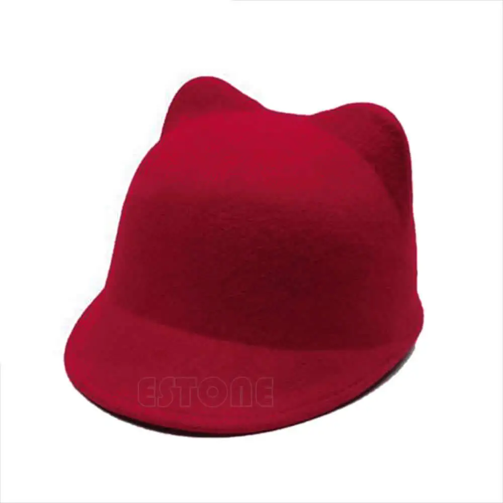 Новая зимняя модная женская шляпа дьявола Милая кошачьи уши шерсть Дерби котелок Кепка - Цвет: Красный