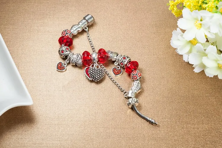 VIOVIA дизайн одежды красный кристалл браслет старинное серебро Цвет Шарм бисер Fit Подвески Браслеты для Для женщин подарок B15307