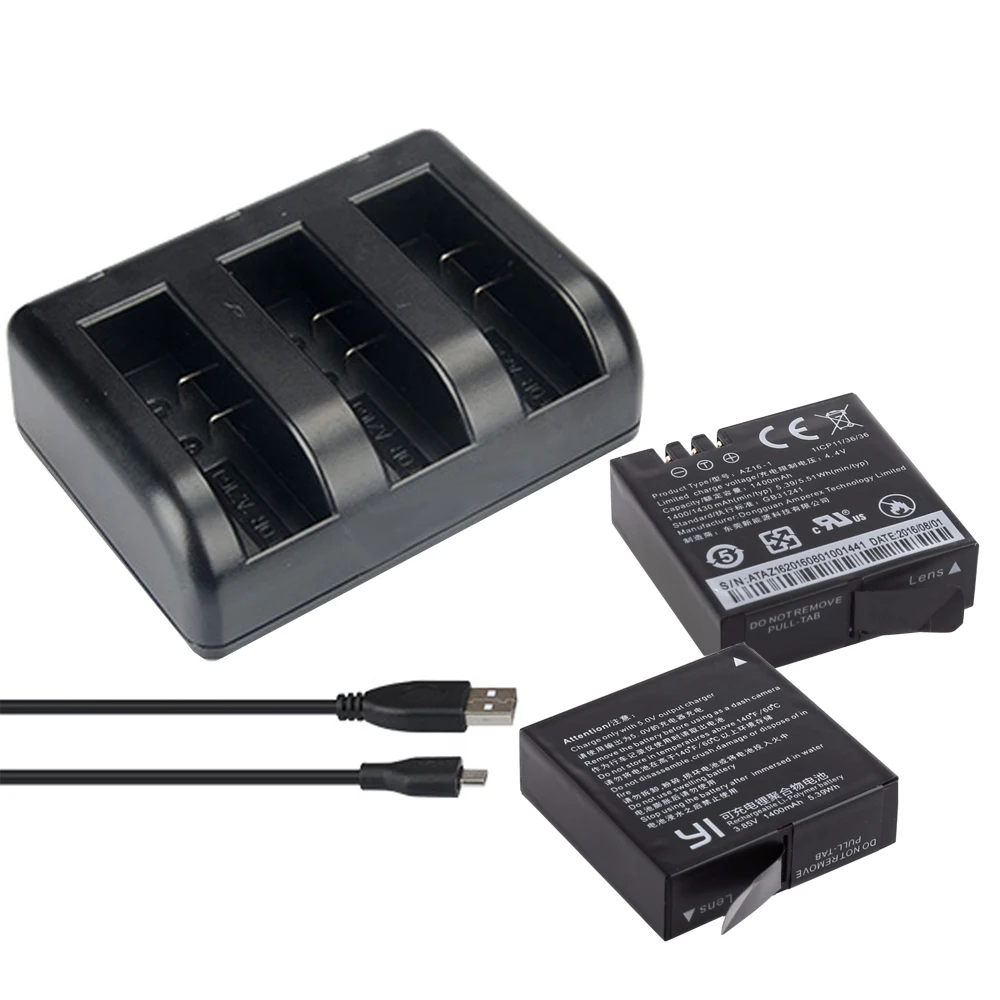 2 Pieces 1400mAh Xiao yi 4k/lite batteries+ 3 Channel USB Charger