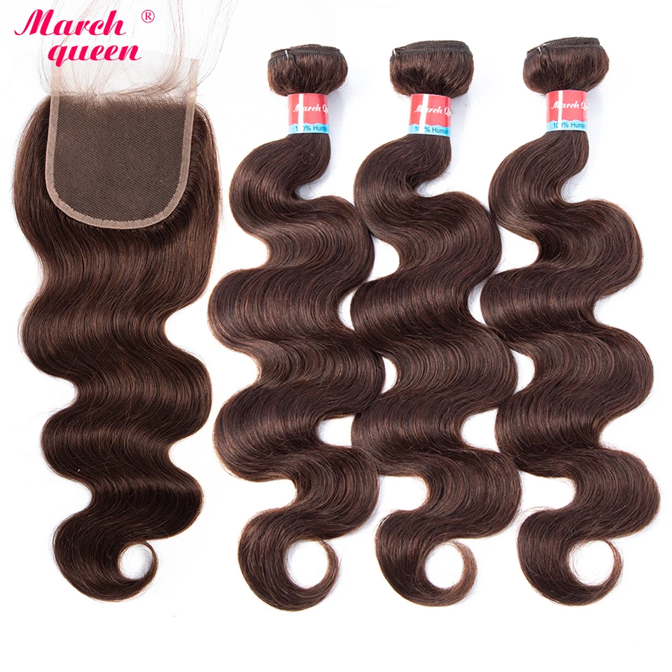 Marchqueen 3 Связки перуанский натуральные волосы с синтетическое закрытие шнурка волос #2 темно коричневый предварительно цветной не Реми