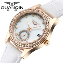 GUANQIN Femmes montre de luxe marque mode imperméable à l’eau lumineux diamant ultra-mince femmes de quartz véritable montre en cuir femmes
