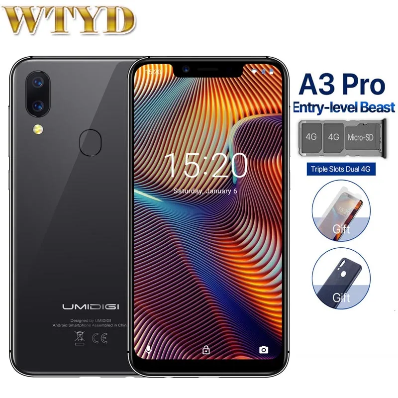 

UMIDIGI A3 Pro Global Band 5.7"19:9 FullScreen smartphone 3GB+32GB Quad core Android 8.1 12MP+5MP Face Unlock Dual 4G Cell phone