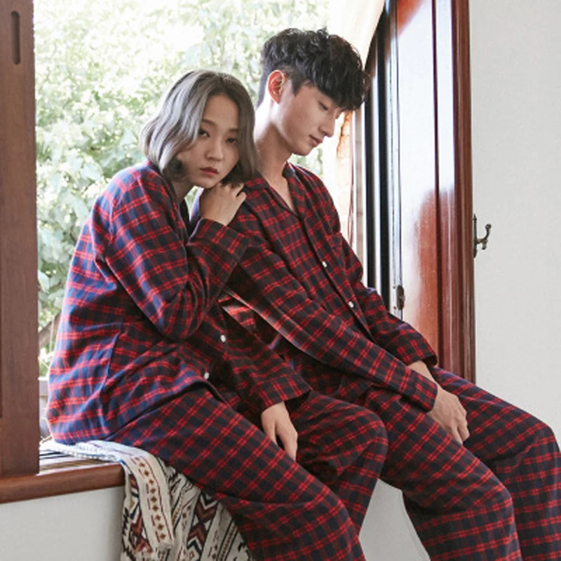 Scottish checkered couple pajamas men cotton long-sleeved autumn and winter simple casual home service suit