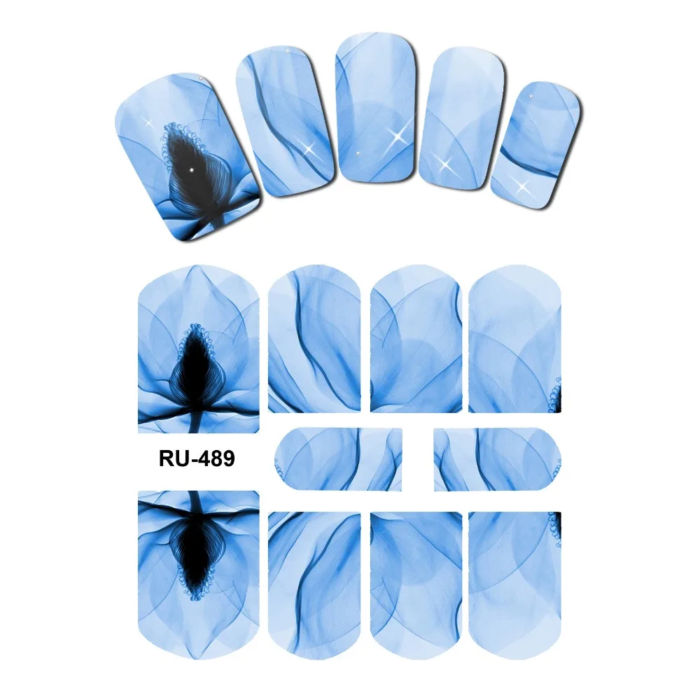 Лак для ногтей, водная наклейка, полное покрытие, цветок X RAY, прозрачные лепестки, цветы, розы, красные, синие RU487-492