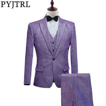 

PYJTRL New Mens Fashion Shiny Changed Colorful 3 Pcs Set Suits Purple Gray Blue Wedding Groom Prom Dress Suits