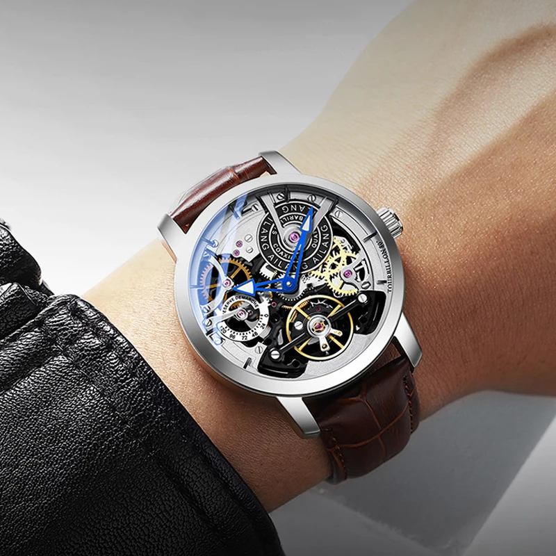 AILANG Мужские механические часы Tourbillon Роскошные модные мужские кожаные Брендовые
