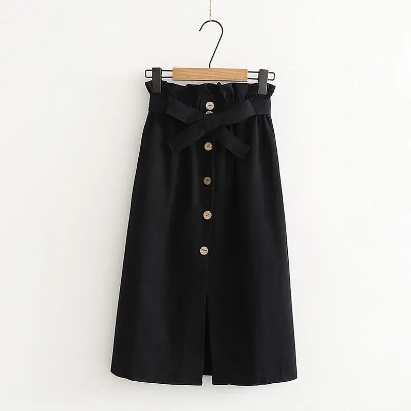 

Hot 2019 Korean Pleated School Skirt Summer Autumn Skirts Midi Knee Length High Waist Button Skirt Elegant Female Skirt