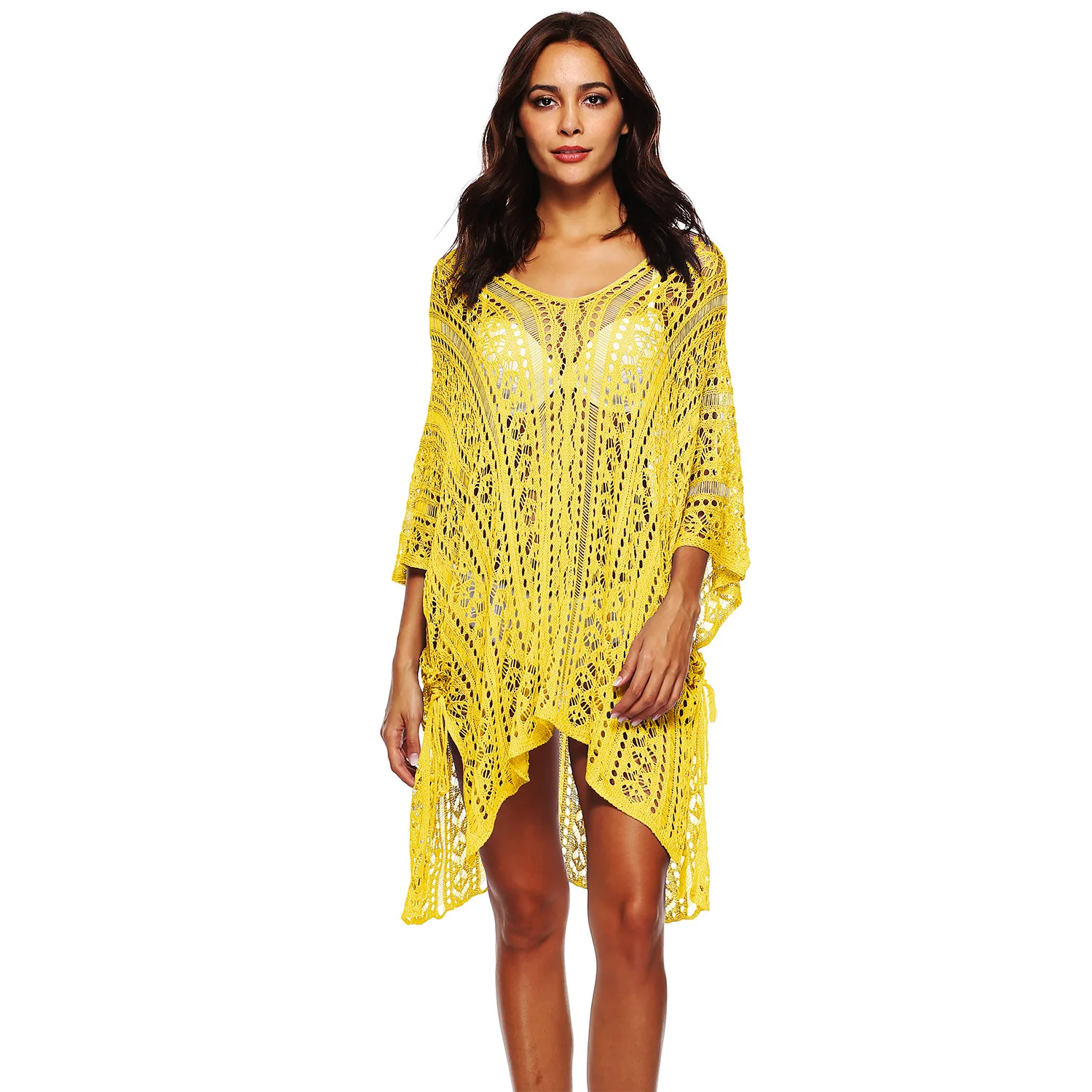 

Summer Women Hollow Out V Neck Batwing Sleeve Irregular Beach Girls Crochet Dresses Yellow Blouse Dress Sexy Ladies Beachwear