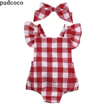 Детский комбинезон, одежда для девочек, детский комбинезон в клетку белого и красного цвета+ повязка на голову с бантом, пляжный костюм, одежда для новорожденных девочек 0-18 месяцев