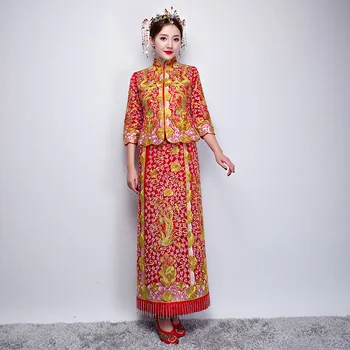

Oriental Asian Bride beauty Chinese traditional Wedding Dress Women Red Floral Long Sleeve Embroidery Cheongsam Robe Qipao style