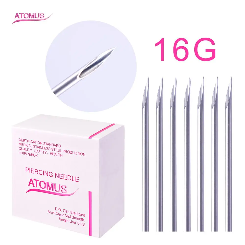 ATOMUS 100PCS 16G Body Piercing Needles Sterilized Steel Piercing