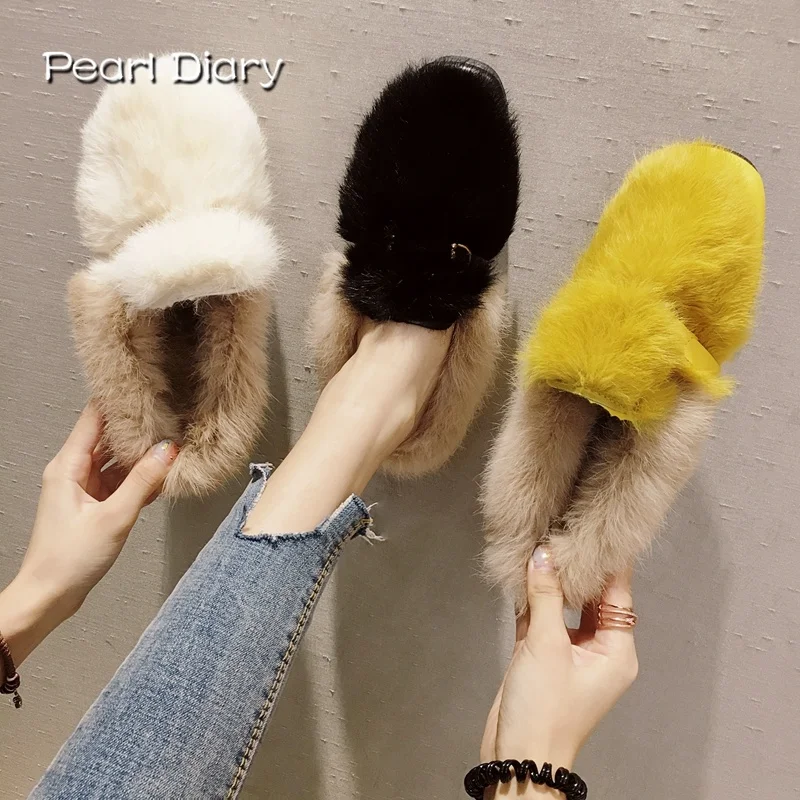 

Spring Autumn Winter Pointed Toe Women Fur Slippers Slip on Casual Flat Heel Shoes Plush Slippers Women Indoor\ Floor Flat Shoes