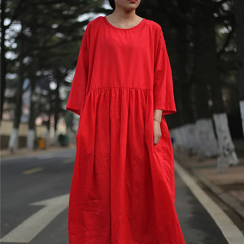 

ORIGOODS Solid O-neck Cotton Summer Dress Women Loose Casual Vintage Long Dress Thin Transparent High waist Dress Vestidos D029