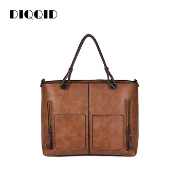 

DIQQID Vintage Women Handbags Leather Multi Pockets Solid Zipper Shoulder Bags Ladies Big Large Capacity A4 Paper Hand Bag bolsa