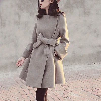 OLGITUM Hot Sale 2019 Women Wool Coat Long Section Ruffles Dress Woolen coat O-Neck Slim A-Line Outerwear with belt 2 colors womens parka Coats & Jackets