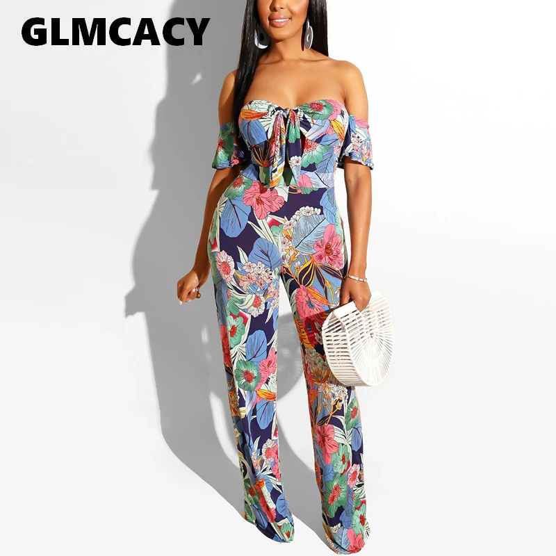 

Women Summer Off Shoulder Tie Front Jumpsuit Sexy Backless High Waist Long Jumpsuits Night Club Party Bodycon Overalls