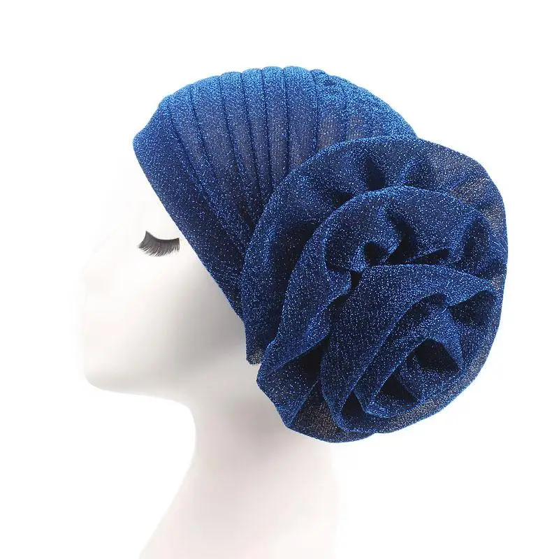 Muslim Women Turban India Beanie Hat Flower Stretch Arab Hat Head Scarf Wrap Cap Jersey Cover Bonnet Glitter Headwear Fashion - Цвет: Королевский синий