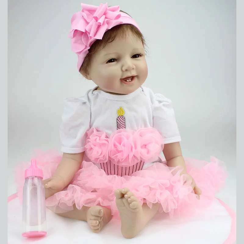 NPK 55 см кукла-Реборн, силиконовая кукла-Реборн, с хлопковым корпусом, с розовым тортом, платье, игрушки для детей на день рождения