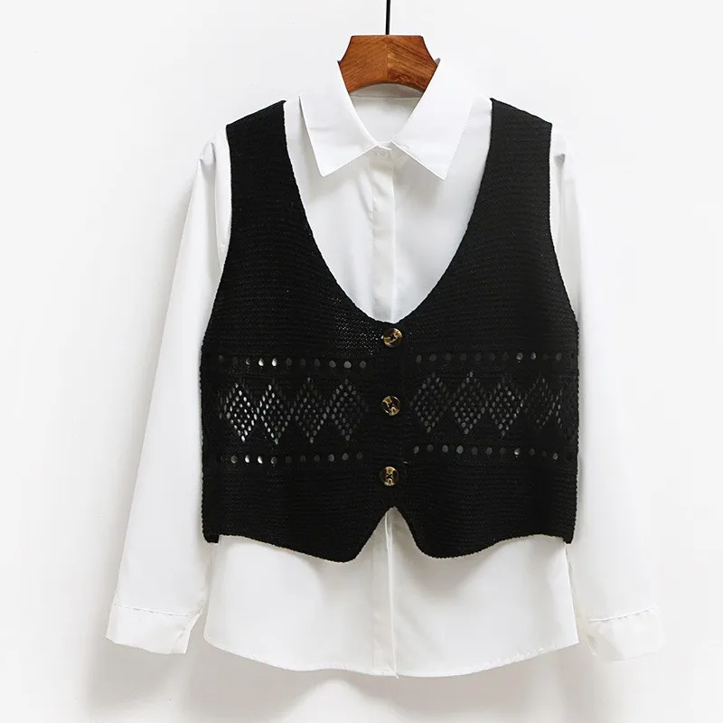 Asymmetric Floral Crochet Knitted Vest V-Neck Autumn Women Retro Sleeveless Cardigan Ladies Hollow Out Knit Waistcoat