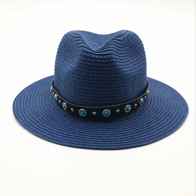 Новая летняя британская соломенная шляпа с бусинами на плоской подошве, затенение от солнца, женская модная пляжная шляпа, Мужская джазовая шляпа - Цвет: Navy blue