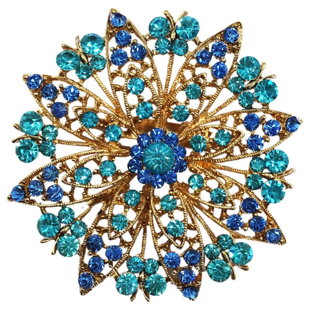 Blue Flower Brooch for Women Girl Dress Accessories Crystal Brooch