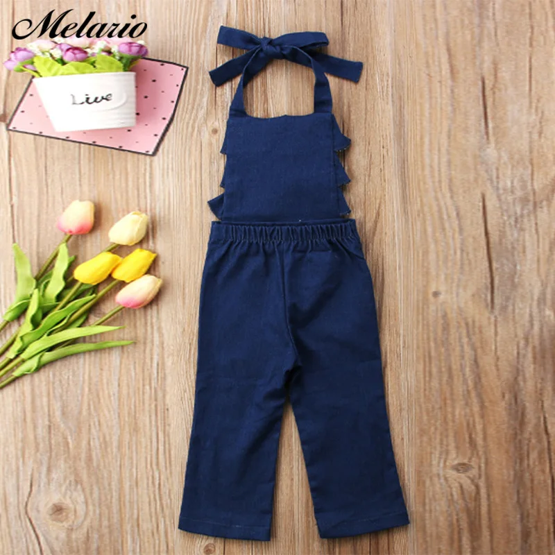 Melario New Summer Kids Girl Halter Denim Blue Bib Pants Romper Ruffles Backless Sleeveless Jumpsuit Playsuit Casual Outfit