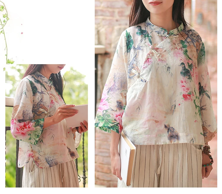 LZJN оригинальная Цветочная блузка с рукавом 3/4, весна, женские летние топы, традиционная китайская одежда, чонсам, топ, рубашка Ципао