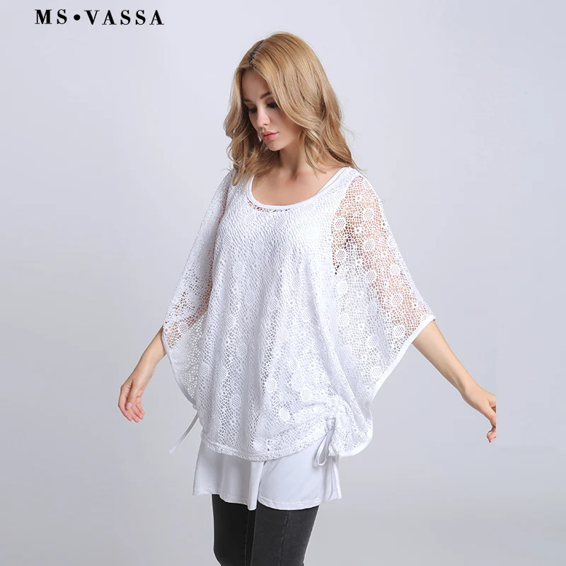 MS VASSA 2018 New Fashion Summer Women Elastic White Tees with tank Casual Ladies Tow piece Tops sets Plus Size 11XL T-shirt Tops
