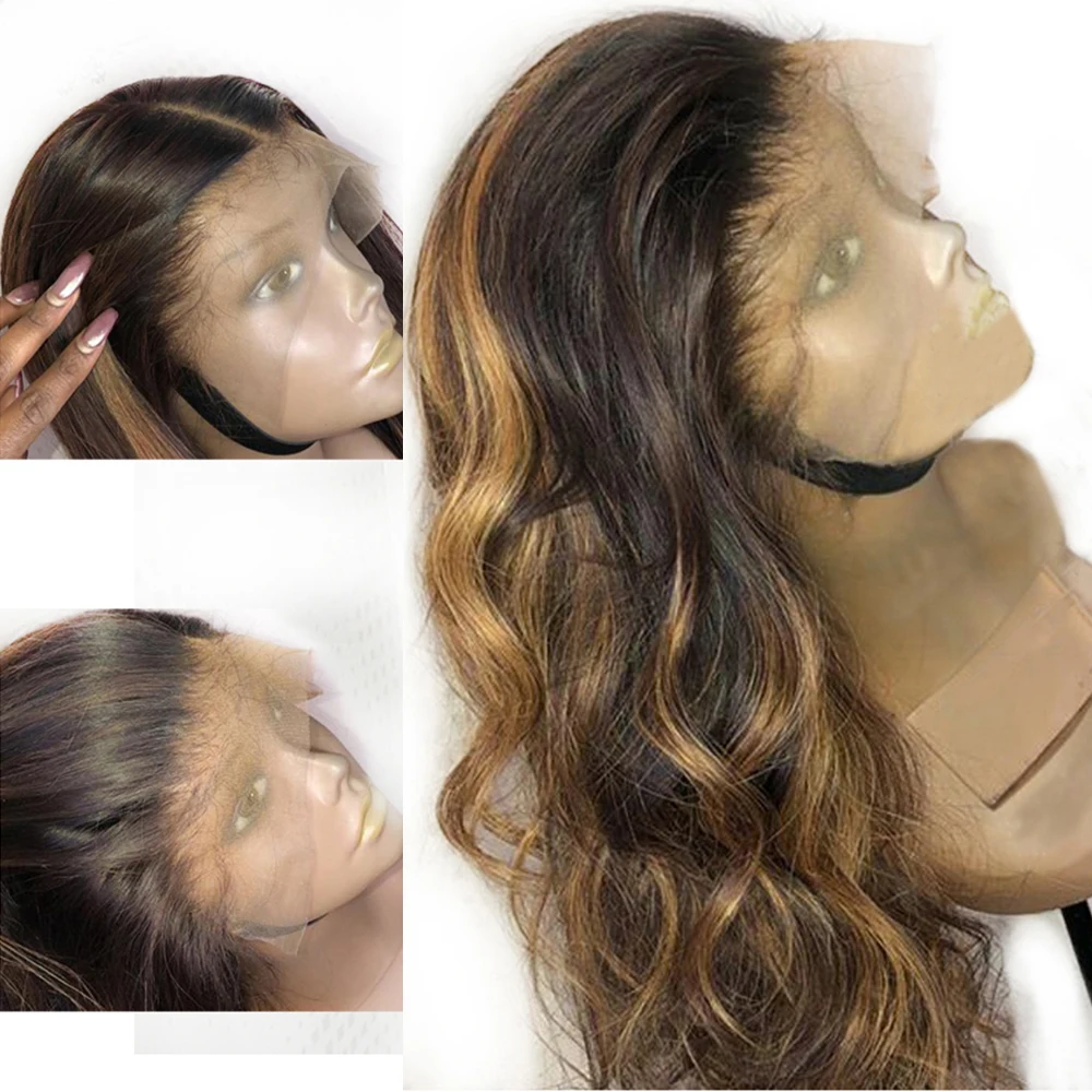 SimBeauty тела волнистые светлые подчеркивает кружева фронта человеческих волос парик бразильский Remy Предварительно сорвал с волосами младенца для женщин