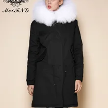 Плюс размер Длинная черная женская зимняя куртка пальто одежды для детей плотные пуховики Женская белая куртка с подкладкой из искусственного меха с воротником из меха енота